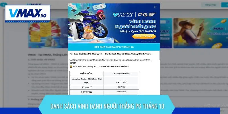 vinh danh người thắng pg danh sách